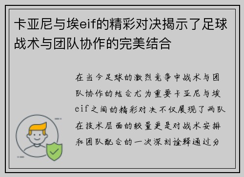 卡亚尼与埃eif的精彩对决揭示了足球战术与团队协作的完美结合