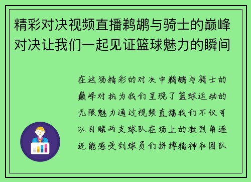 精彩对决视频直播鹈鹕与骑士的巅峰对决让我们一起见证篮球魅力的瞬间
