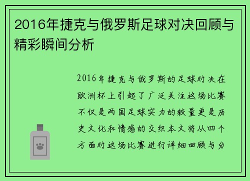 2016年捷克与俄罗斯足球对决回顾与精彩瞬间分析