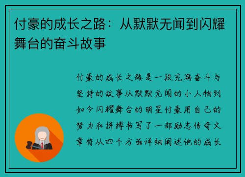 付豪的成长之路：从默默无闻到闪耀舞台的奋斗故事