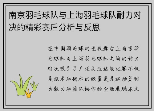 南京羽毛球队与上海羽毛球队耐力对决的精彩赛后分析与反思